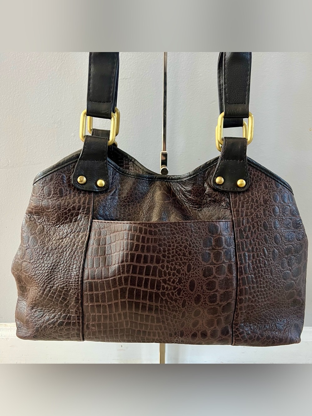Great American Leatherworks Satchel Shoulder Bag Croc Embossed Brown Black - Picture 5 of 12